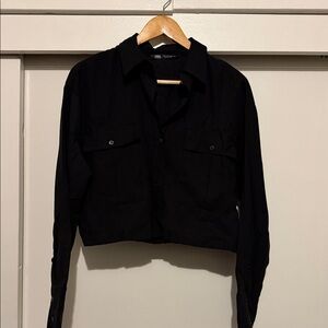 Zara Cropped Shirt Jacket Coat Gathered Back Black Size S
